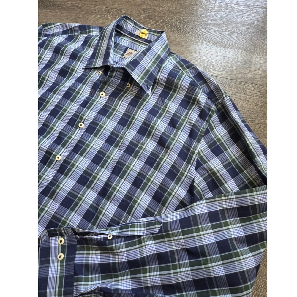 Peter Millar Button Down Mens XL Blue Green Plaid Long Sleeve Cotton